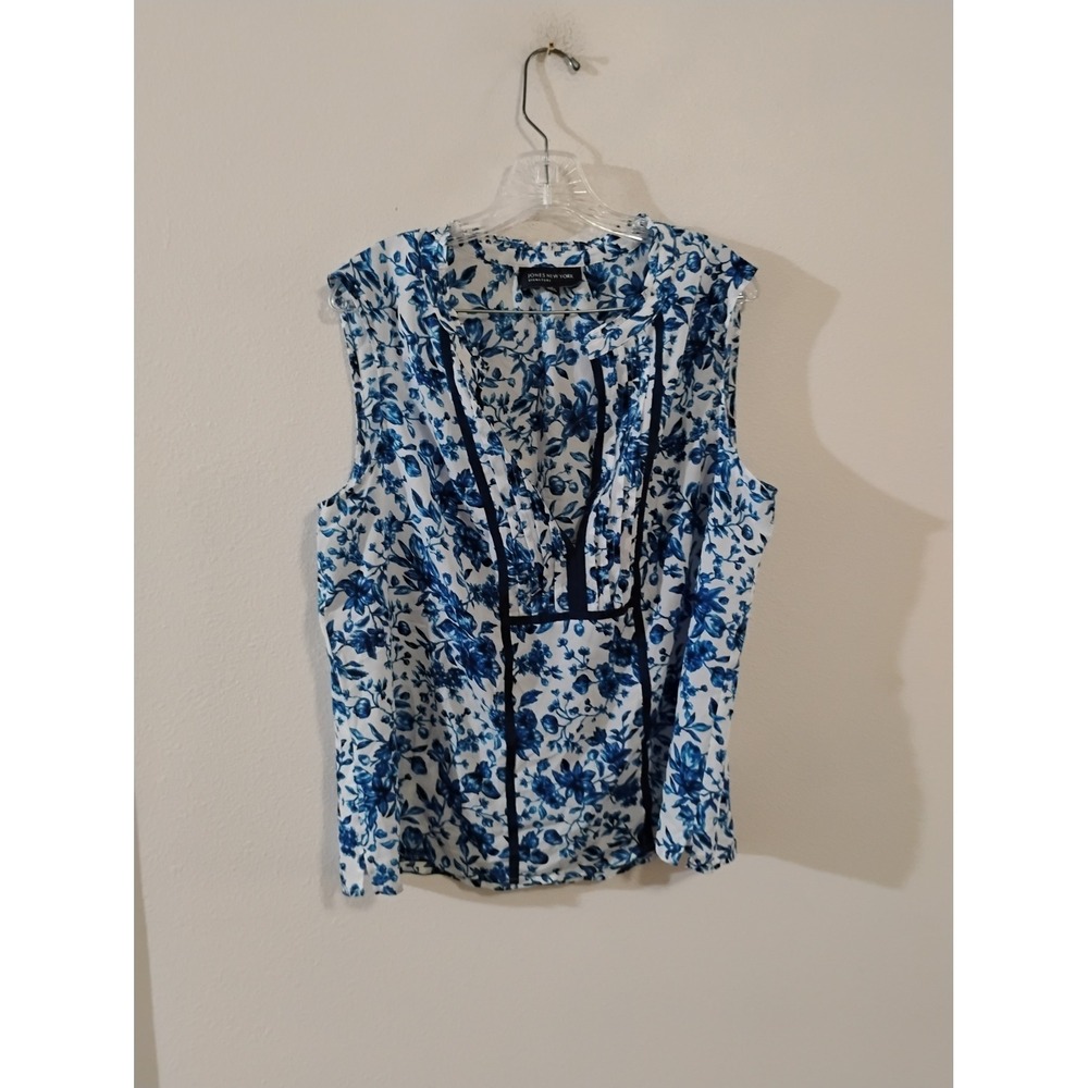Jones New York Signature Womens XL Blue White Floral Sleeveless Blouse V-Neck